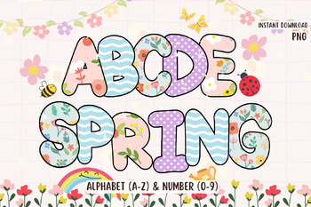 Preview of Spring Doodle Alphabet Letters & Numbers PNG, bubble letter font