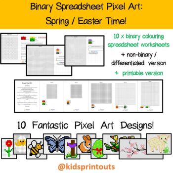 Preview of Spring / Easter Binary Pixel Art - spreadsheet, printable and differentiation