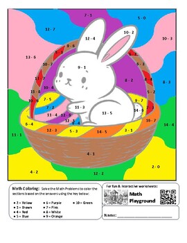 Preview of Easter / Spring Bunny & Basket Coloring by Code Worksheet (Subtraction 0 to 10)