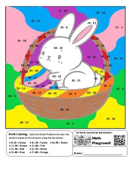 Preview of Easter / Spring Bunny & Basket Coloring by Code Worksheet (Subtraction to 100)