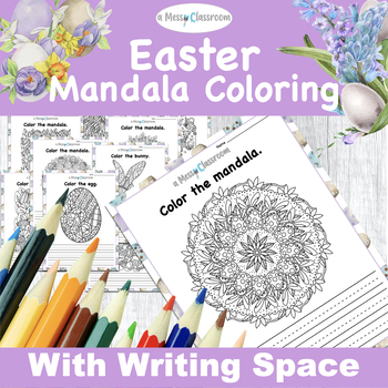 Preview of Spring Easter Coloring Pages Easter Mandala Egg Bunny Easter Scene Writing Space
