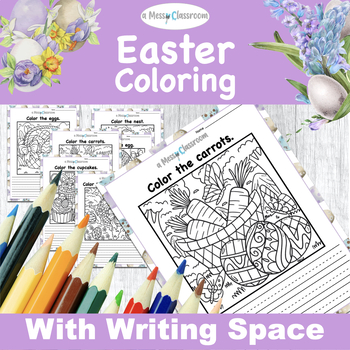 Preview of Spring Easter Coloring Pages Easter Scenes Eggs Baskets Carrots Bunny w/ Writing