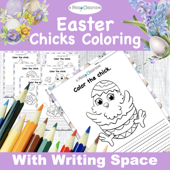 Preview of Spring Easter Coloring Pages w/ Chickens Baby Chicks & Easter Eggs Writing Space
