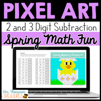 Preview of Spring / Easter Math Pixel Art for Google Sheets™ - 2 & 3 Digit Subtraction