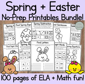 Preview of Spring + Easter No-Prep Printable Worksheet Bundle! 100 Pages of K + VPK Centers