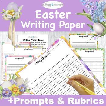 Preview of Spring Easter Printable Writing Pages Prompts & Rubrics w/ Bunnies Eggs Flowers