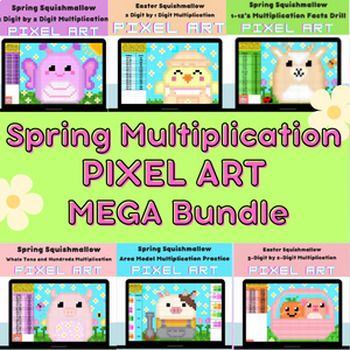 Preview of Spring & Easter Squishmallow 4th & 5th Grade Multiplication Pixel Art Bundle