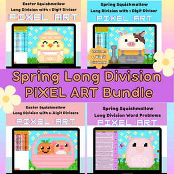 Preview of Spring & Easter Squishmallow Long Division Pixel Art Google Sheets Bundle