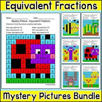 Preview of Equivalent Fractions Color by Number Spring Math Center: Ladybug, Bee, Butterfly