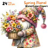 Spring Floral Gnome Watercolor Clipart - 24 PNG Set