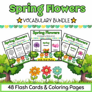 Preview of Spring Flowers Coloring Pages & Flashcards BUNDLE for PreK-K Kids- 48 Printables