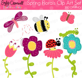 Spring Flowers And Insects Digital Clipart Cute Kids Clipart Tpt