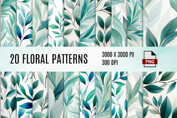 Preview of Spring Foliage Digital Paper Pack, Turquoise Green Foliage Pattern Background