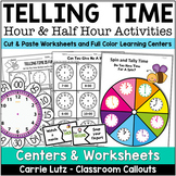 Telling Time to the Hour and Half Hour Worksheets, Centers