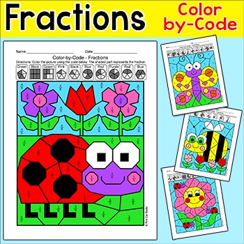Preview of Spring Color by Fractions Worksheets - Halves, Thirds, Fourths, Fifths & Sixths