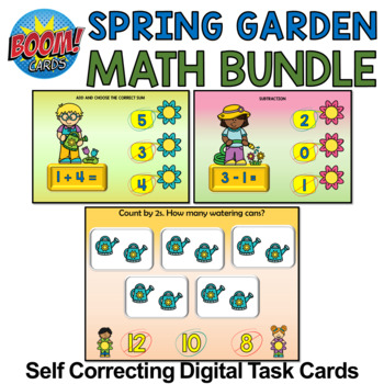 Preview of Spring Garden Math Boom Cards Bundle - Watering Flowers