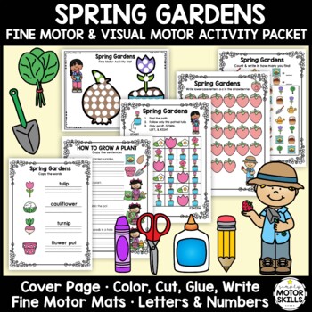 Preview of Spring Gardens - Fine Motor & Visual Motor - Color, Write, Cut, Glue