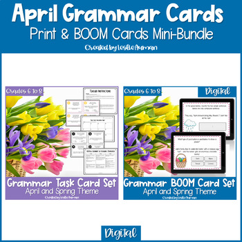 Preview of Spring Grammar Card Print Task Cards and BOOM Cards BUNDLE