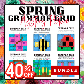 Preview of Spring Grammar Grid Mystery Pictures - Parts of Speech Color by Code Bundle