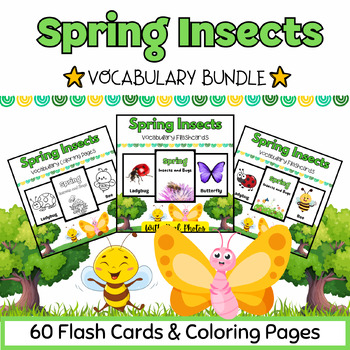 Preview of Spring Insects & Bugs Coloring Pages & Flashcards BUNDLE for Kids- 60 Printables