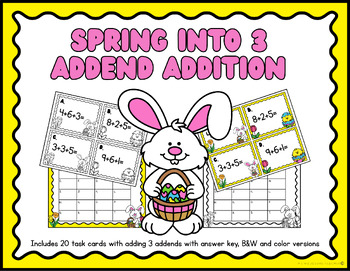 Preview of Spring Into 3 Addend Addition Task Cards | Adding 3 Addends | Easter Math Center