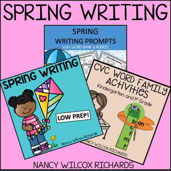 Spring Writing Activities, Prompts and CVC Worksheets Distance Learning