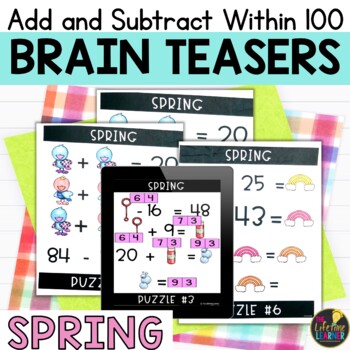 Preview of Spring Logic Puzzles 2nd Grade Add and Subtract to 100 Math Spring Brain Teasers