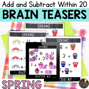 Preview of Spring Logic Puzzles Addition Subtraction to 20 First Grade Math Brain Teasers