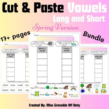 Preview of Spring Cut and Paste Worksheets Bundle | Vowels | 1st Grade, 2nd Grade