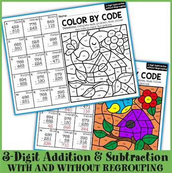 Spring Math 3 Digit Addition and Subtraction Worksheets Spring Color By ...