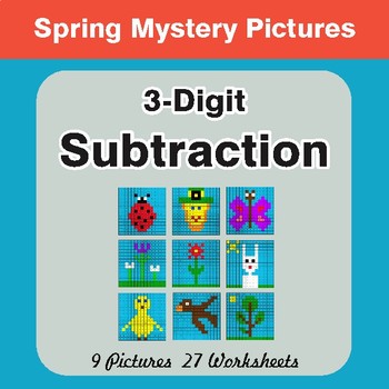 Spring Math: 3-Digit Subtraction - Math Mystery Pictures