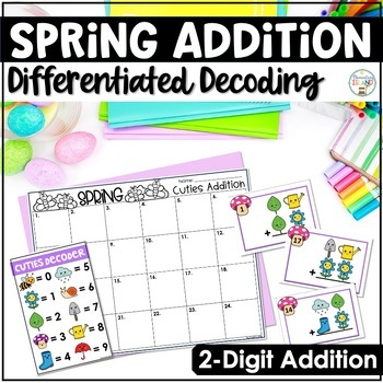 Preview of Springtime Math Double Digit Addition Spring Themed Stations April Math Games