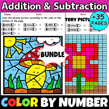 Preview of Spring Math Addition & Subtraction Activities April Mystery Color by Code Bundle