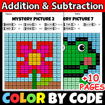 Preview of Spring Math Addition & Subtraction Activities April Mystery Color by Code Sheet
