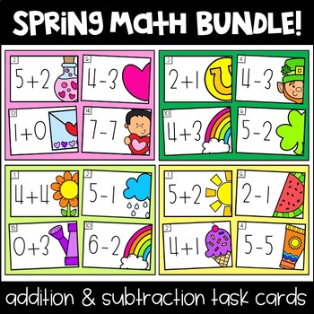 Preview of Spring Math Addition & Subtraction Task Cards BUNDLE {Scoot} {Math Centers}