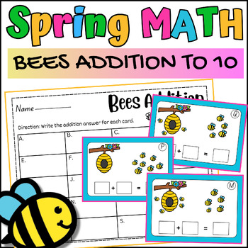 Preview of Spring Math Bees Addition To 10 Task Cards, Writing Addition Sentence Activity