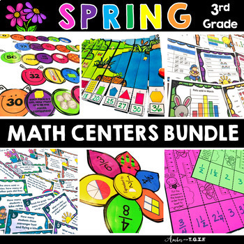 Preview of Spring Math Centers Bundle - 3rd Grade April Math Activities Fractions and More