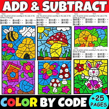 Preview of Spring Coloring Pages - Addition, Subtraction Math Color by Number Code Activity