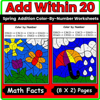Preview of Spring Math Coloring Pages Worksheet Activities Color by Number Code Addition 20