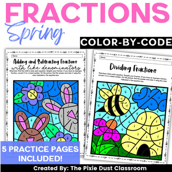 Preview of Spring Math Coloring Sheets Fraction Color by Code Coloring Pages 4th 5th Grade