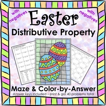 Preview of Spring Math Easter Math Distributive Property Negatives Maze & Color by Number