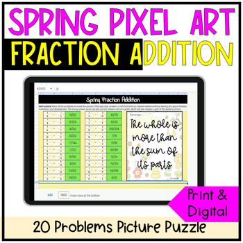 Preview of Spring Math Fraction Addition with unlike denominator Pixel Art Digital Activity