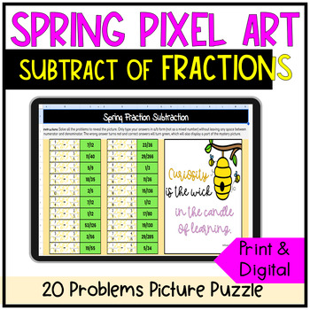 Preview of Spring Math Fraction Subtraction with unlike denominator Pixel Art Activity