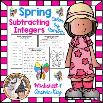 Preview of Spring Math Subtracting Integers Color by Number Middle School Worksheet + Key