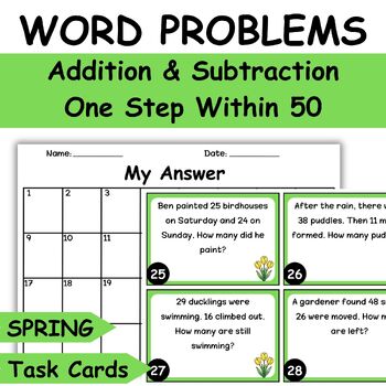 Preview of Spring Math Word Problems Addition And Subtraction Task Cards One Step Within 50