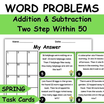 Preview of Spring Math Word Problems Addition And Subtraction Task Cards Two Step Within 50