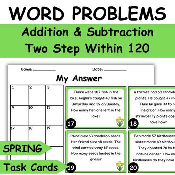 Preview of Spring Math Word Problems Addition & Subtraction Task Cards Two Step Within 120