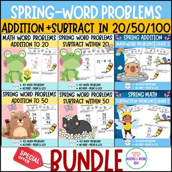 Preview of Spring Math Word Problems Bundle Addition To Subtraction In 20 50 100 Grade 1 2