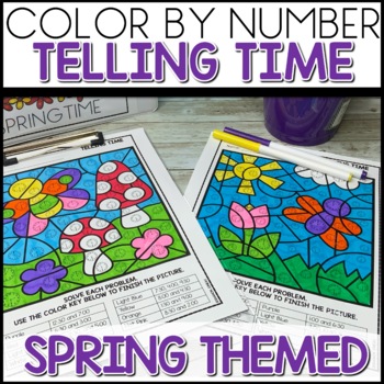 Preview of Telling Time to the Hour & Half Coloring by Code Spring Math Pages Worksheets