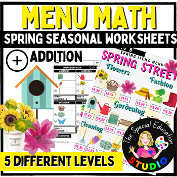 Preview of Spring Math activities Life Skills Special Education menu addition Money center